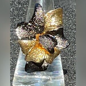 Fashion Cocktail 2 Color Tone Black Gold Blooming Flowers Statement Ring